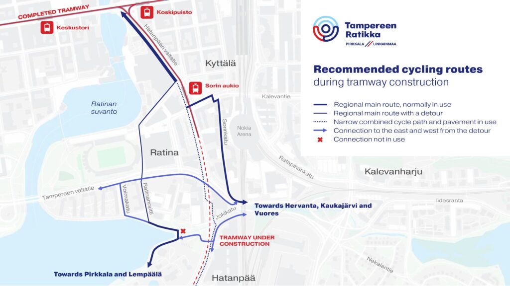 Recommended cycling routes during tramway construction