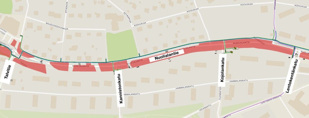 Kartta Nuolialantiestä Lentokentänkadun ja Talvitien välillä. 