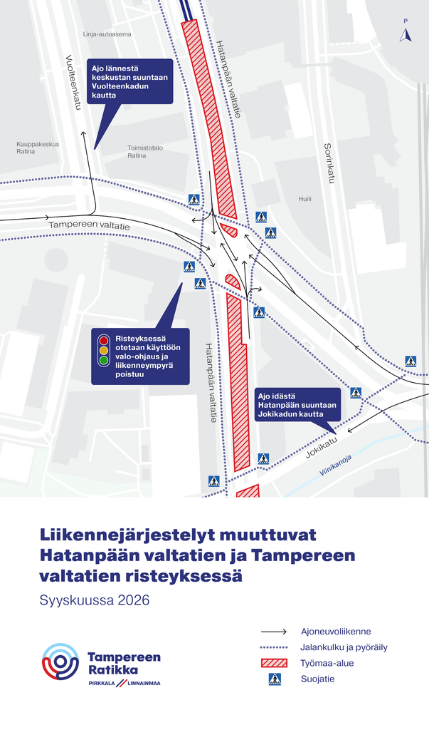 Kartta Hatanpään ja Tampereen valtateiden liikennejärjestelyistä