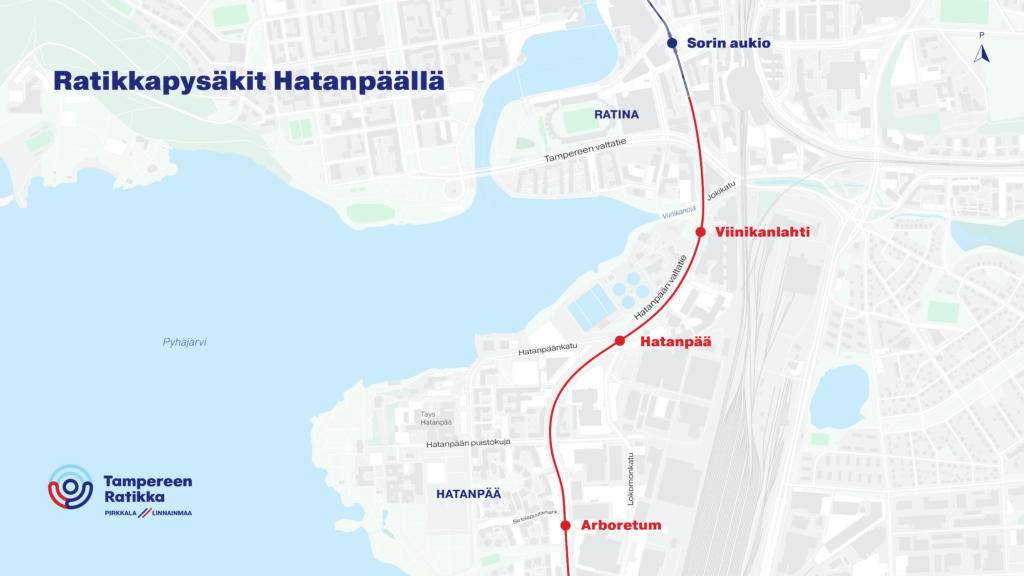 Kartta ratikkapysäkeistä Hatanpäällä.